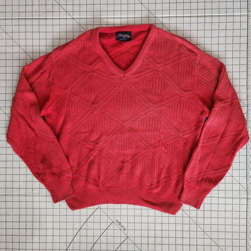 Vintage 80s 90s Hogan Made in the USA Red V-Neck Cotton Grandpa Sweater Size L